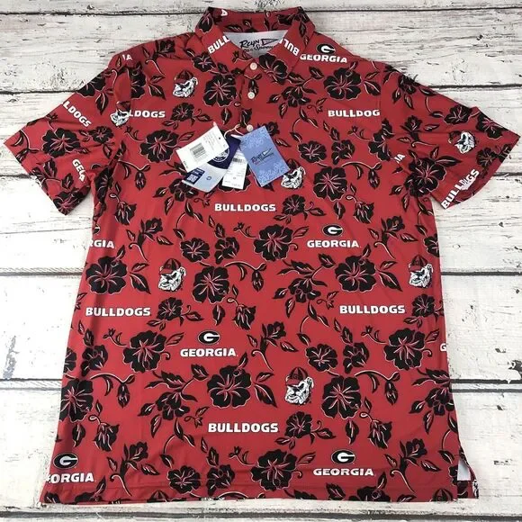 Reyn Spooner UGA Georgia Bulldog Performance Polo Medium Aloha Print Red NWT - Picture 1 of 10